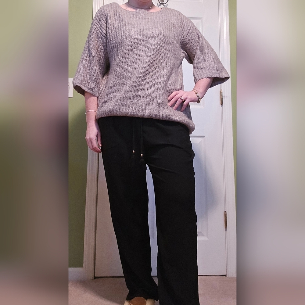 LOFT Lounge Gray Chunky Knit Sweater With Elbow sleeves And Boat neck Style Neck